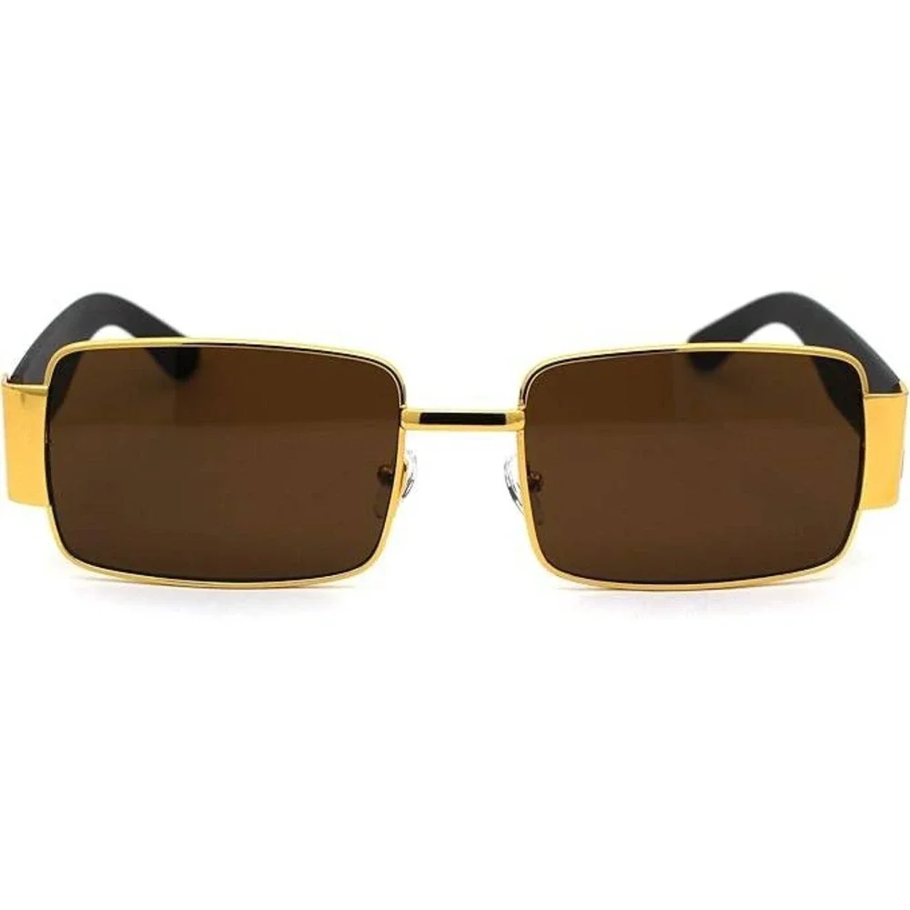 Rectangle Sunglasses Gold Frame Brown Lens Fashion Trendy Sun Glasses Street New